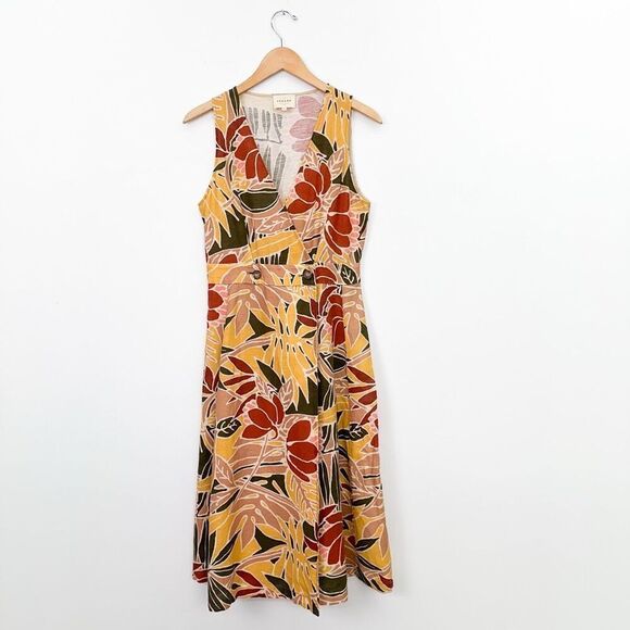 Sezane Women’s Mathilda Linen Blend Wrap Midi Dress Multicolor Tropical Floral - Picture 2 of 11